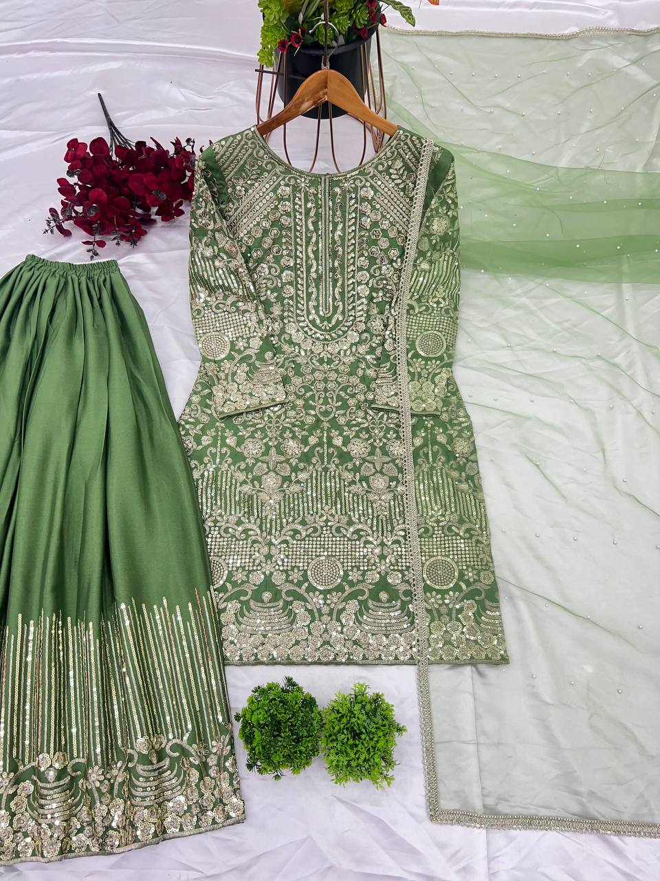 Ceremony Wear Green Color Pure Chinon Silk With Embroidery Sequence With Moti Work Sharara Suit