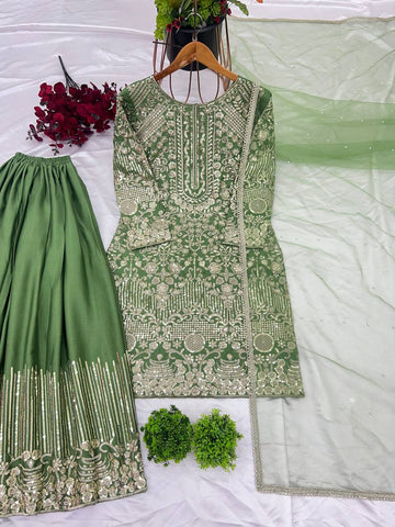Ceremony Wear Green Color Pure Chinon Silk With Embroidery Sequence With Moti Work Sharara Suit