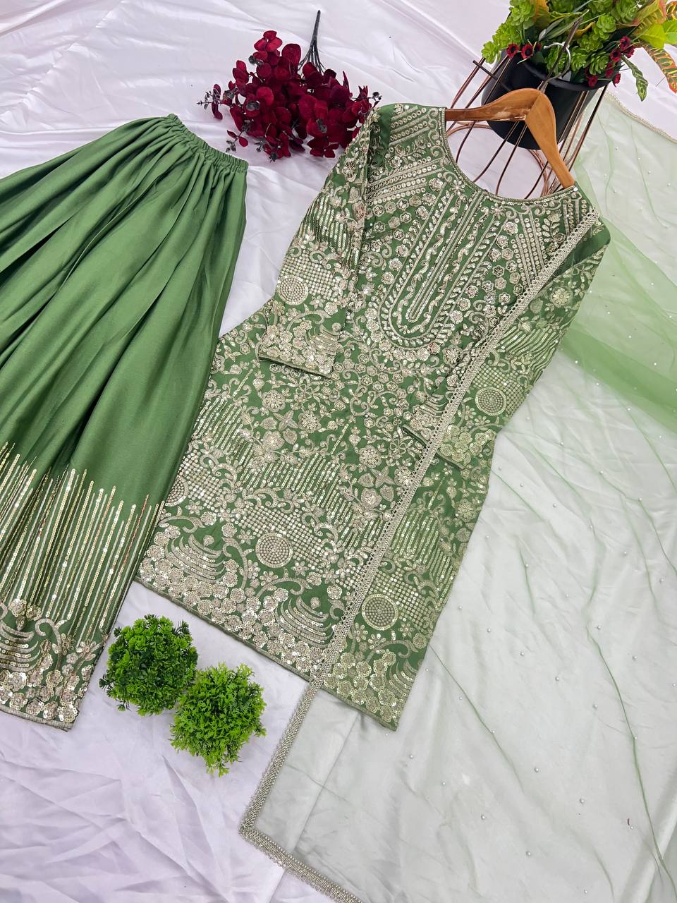 Ceremony Wear Green Color Pure Chinon Silk With Embroidery Sequence With Moti Work Sharara Suit