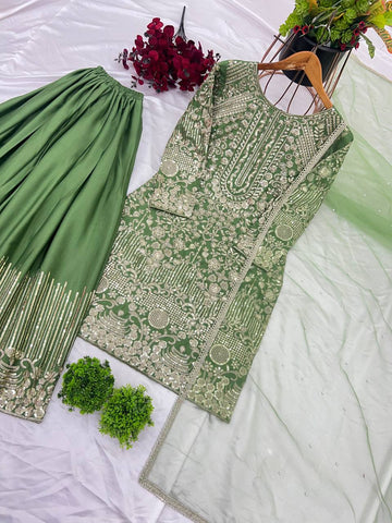 Ceremony Wear Green Color Pure Chinon Silk With Embroidery Sequence With Moti Work Sharara Suit