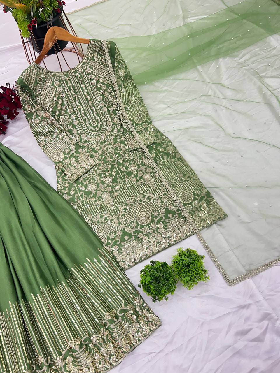 Ceremony Wear Green Color Pure Chinon Silk With Embroidery Sequence With Moti Work Sharara Suit
