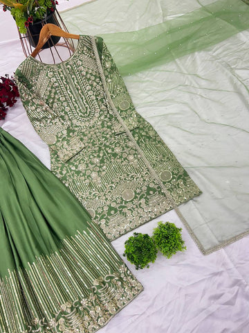 Ceremony Wear Green Color Pure Chinon Silk With Embroidery Sequence With Moti Work Sharara Suit