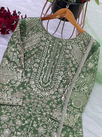 Ceremony Wear Green Color Pure Chinon Silk With Embroidery Sequence With Moti Work Sharara Suit