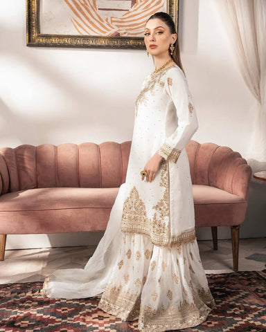 Charming Off White Color Faux Georgette With Heavy Embroidery Sequence Work Palazzo Sharara Suit