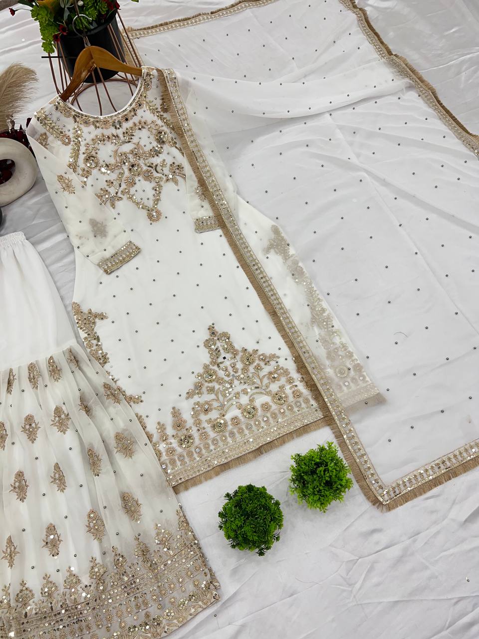 Charming Off White Color Faux Georgette With Heavy Embroidery Sequence Work Palazzo Sharara Suit