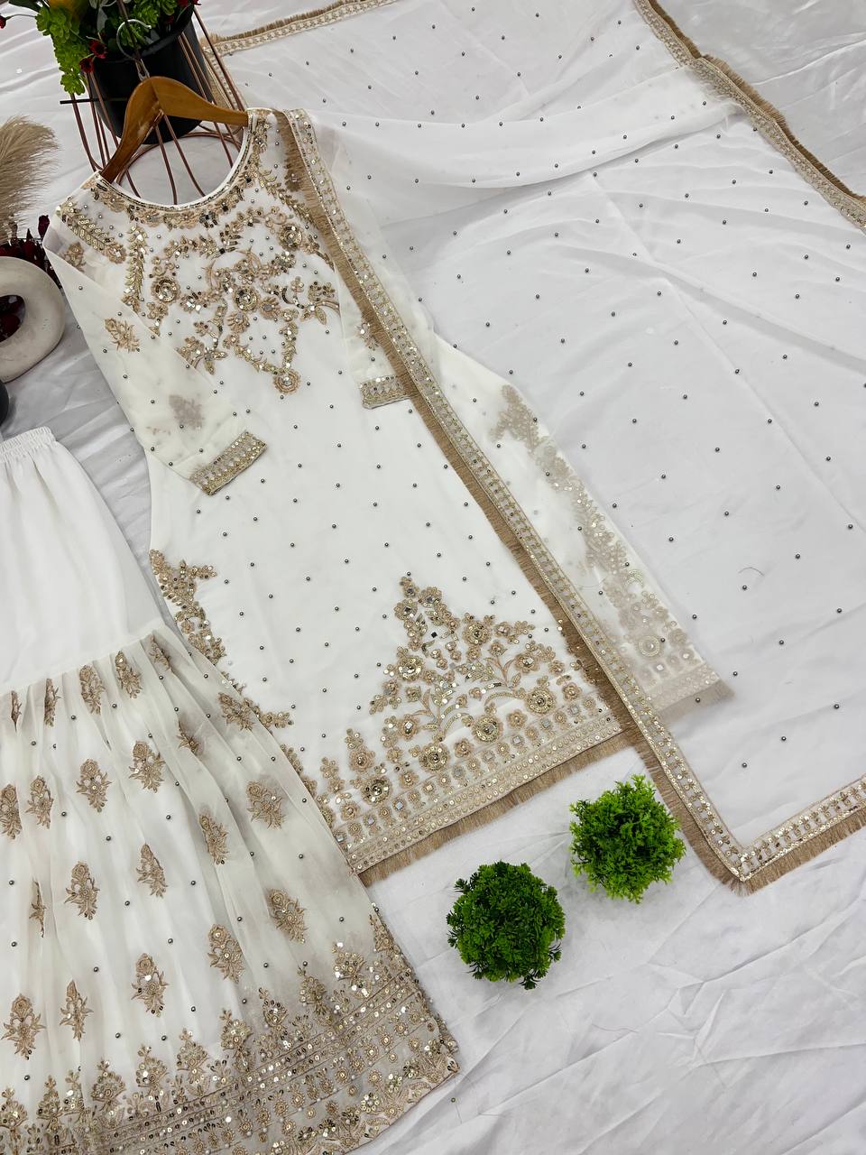 Charming Off White Color Faux Georgette With Heavy Embroidery Sequence Work Palazzo Sharara Suit