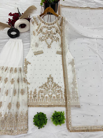 Charming Off White Color Faux Georgette With Heavy Embroidery Sequence Work Palazzo Sharara Suit