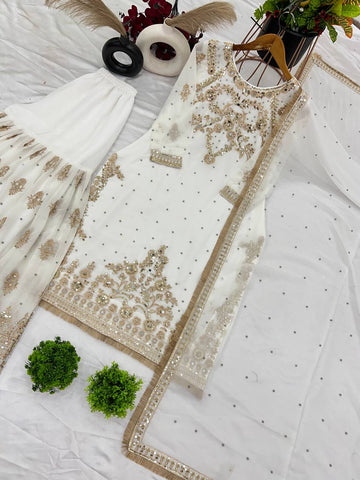 Charming Off White Color Faux Georgette With Heavy Embroidery Sequence Work Palazzo Sharara Suit