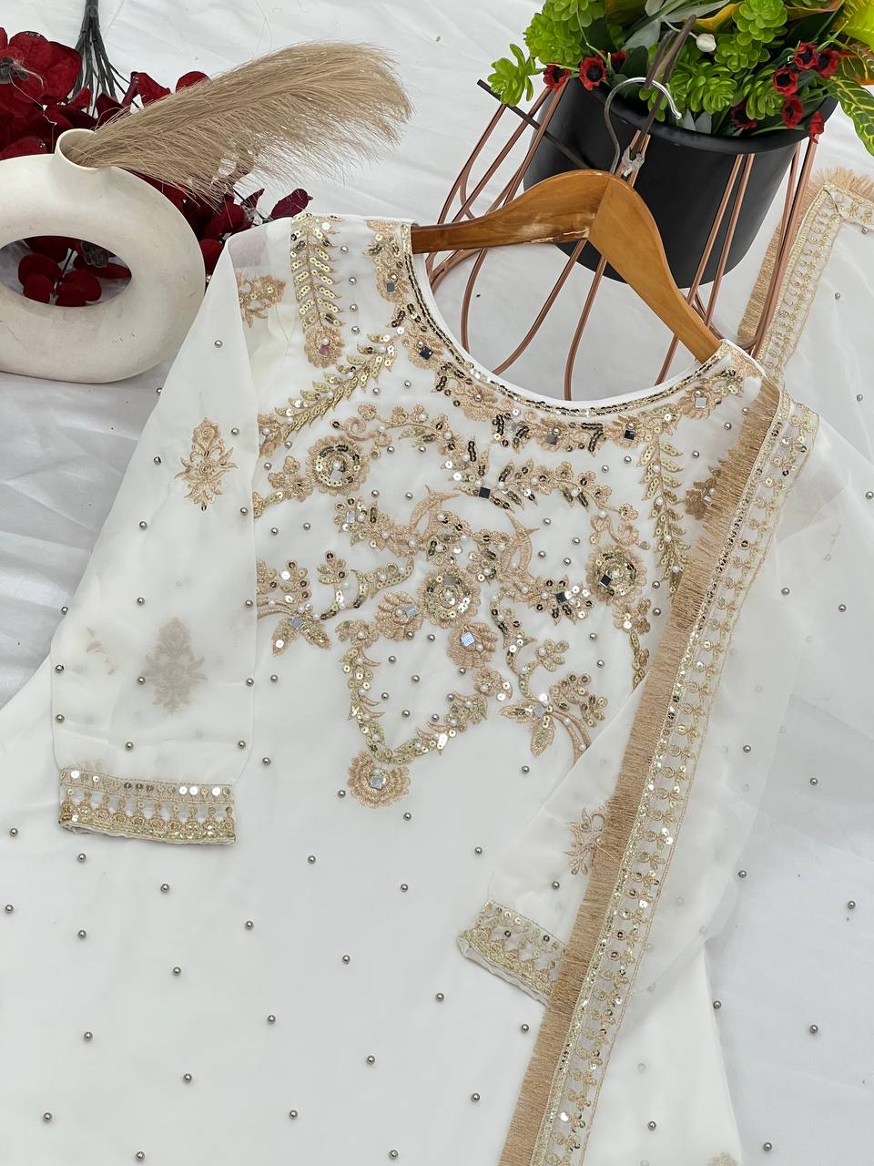 Charming Off White Color Faux Georgette With Heavy Embroidery Sequence Work Palazzo Sharara Suit