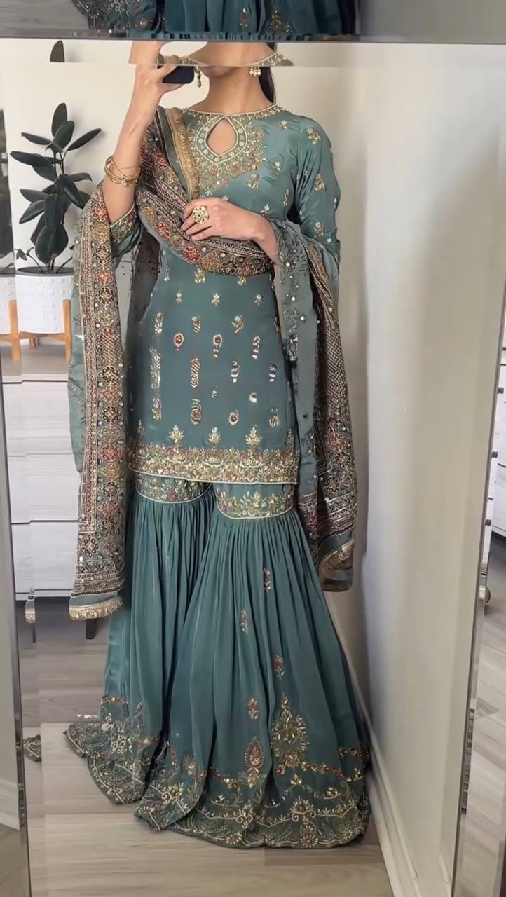 Engagement Wear Heavy Faux Georgette With Embroidery Sequence Work Sharara Suit