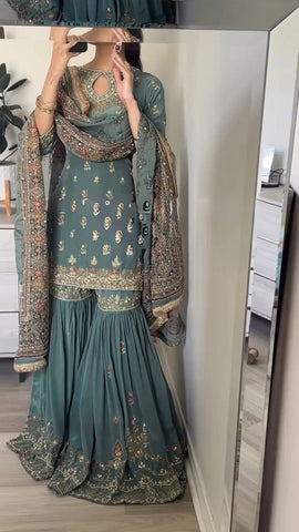 Engagement Wear Heavy Faux Georgette With Embroidery Sequence Work Sharara Suit