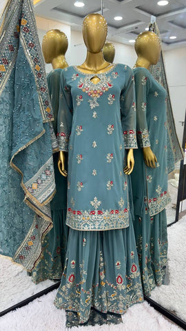 Engagement Wear Heavy Faux Georgette With Embroidery Sequence Work Sharara Suit