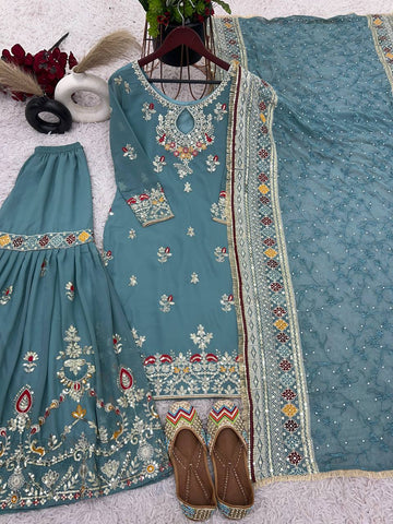 Engagement Wear Heavy Faux Georgette With Embroidery Sequence Work Sharara Suit