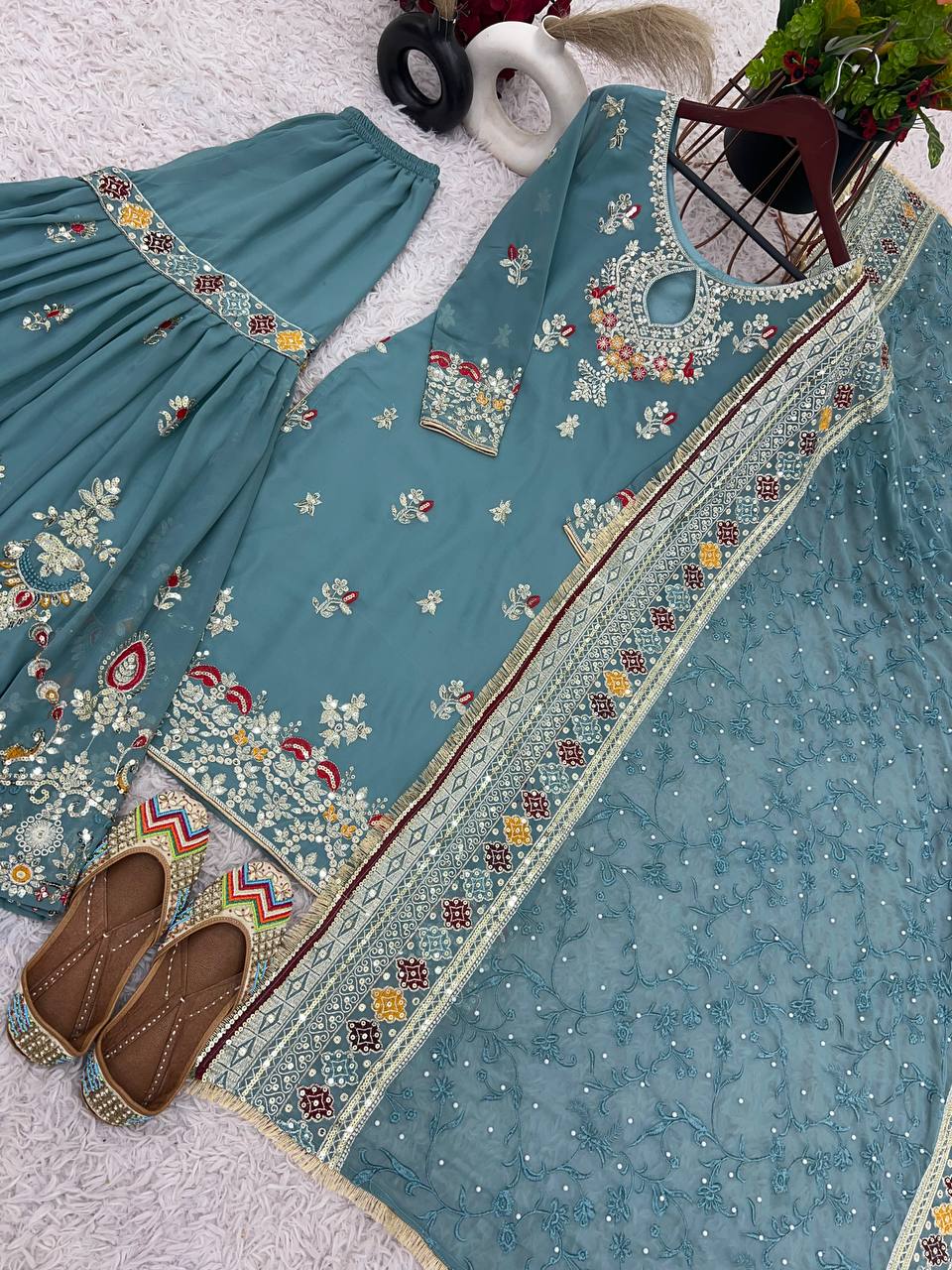 Engagement Wear Heavy Faux Georgette With Embroidery Sequence Work Sharara Suit