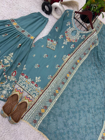 Engagement Wear Heavy Faux Georgette With Embroidery Sequence Work Sharara Suit