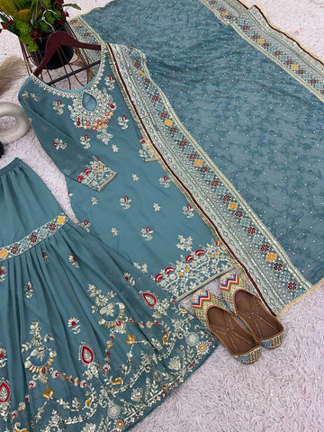 Engagement Wear Heavy Faux Georgette With Embroidery Sequence Work Sharara Suit
