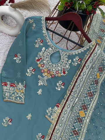 Engagement Wear Heavy Faux Georgette With Embroidery Sequence Work Sharara Suit