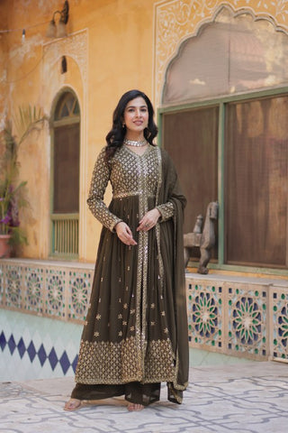 Party Wear Mahendi Green Color Faux Georgette With Embroidered Work Designer Anarkali Suit