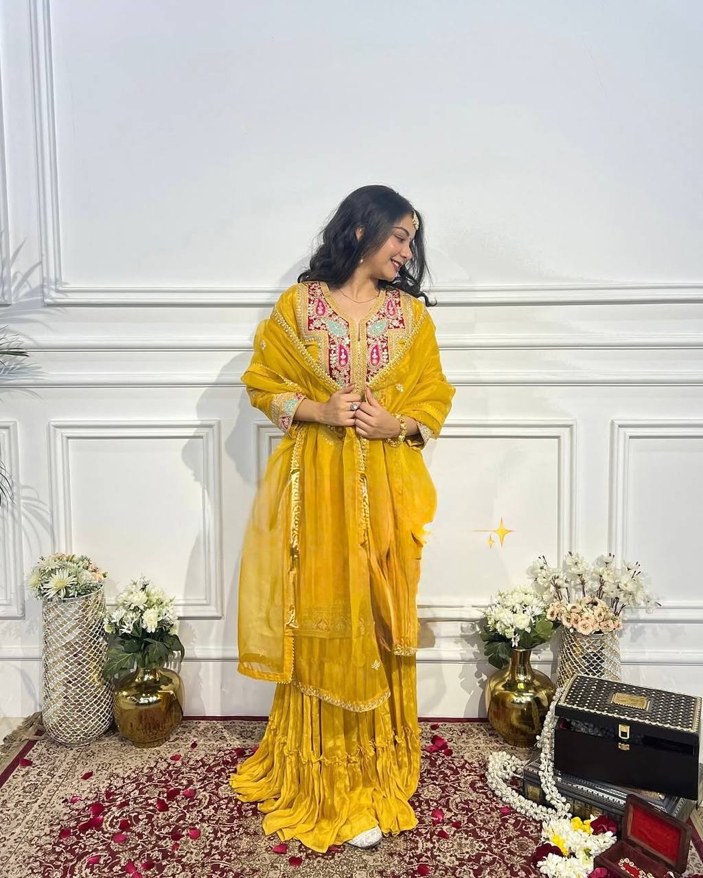 Haldi Wear Yellow Color Heavy Chinon Silk With Heavy Coding Embroidery Sequence Work Sharara Suit