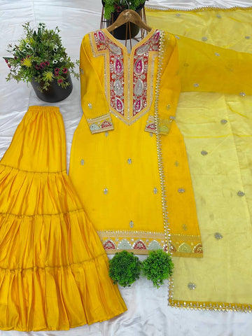 Haldi Wear Yellow Color Heavy Chinon Silk With Heavy Coding Embroidery Sequence Work Sharara Suit