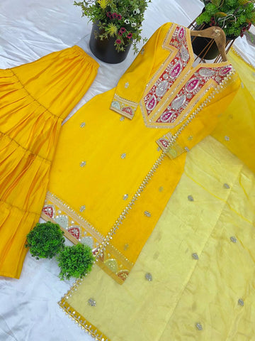 Haldi Wear Yellow Color Heavy Chinon Silk With Heavy Coding Embroidery Sequence Work Sharara Suit