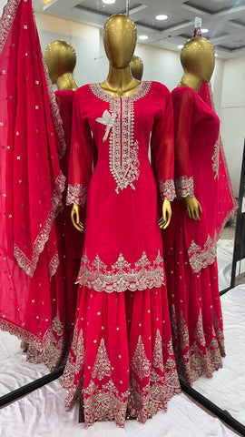 Innovative Pink Color Pure Heavy Faux Georgette With Embroidery And 5mm Sequence Work Sharara Palazzo Suit
