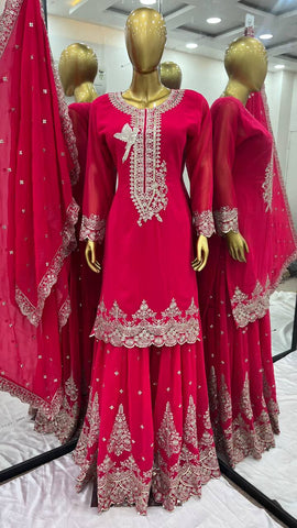 Innovative Pink Color Pure Heavy Faux Georgette With Embroidery And 5mm Sequence Work Sharara Palazzo Suit