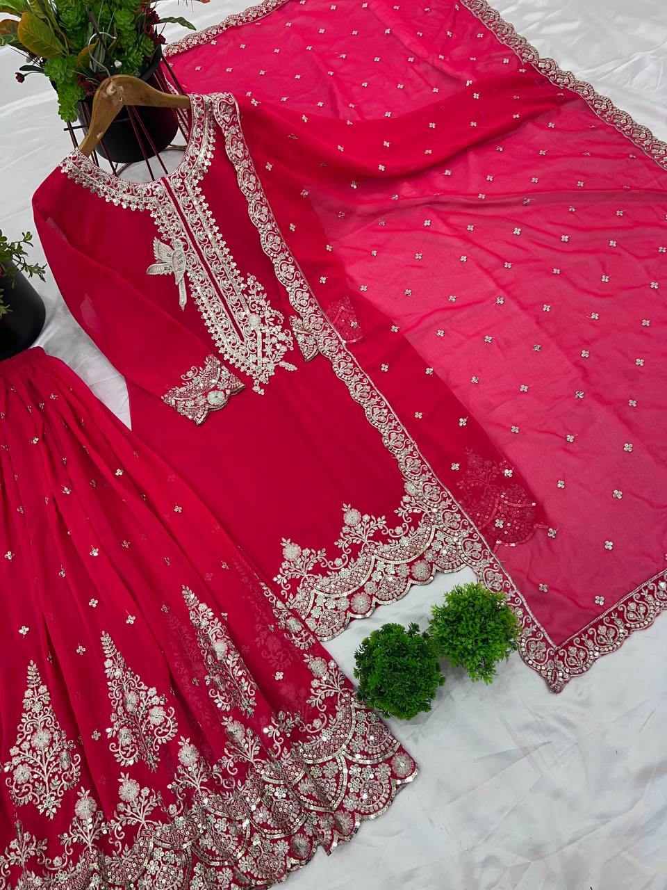 Innovative Pink Color Pure Heavy Faux Georgette With Embroidery And 5mm Sequence Work Sharara Palazzo Suit