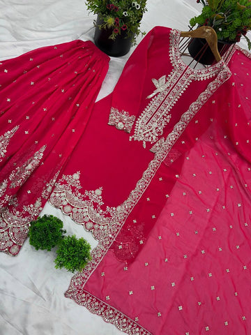 Innovative Pink Color Pure Heavy Faux Georgette With Embroidery And 5mm Sequence Work Sharara Palazzo Suit