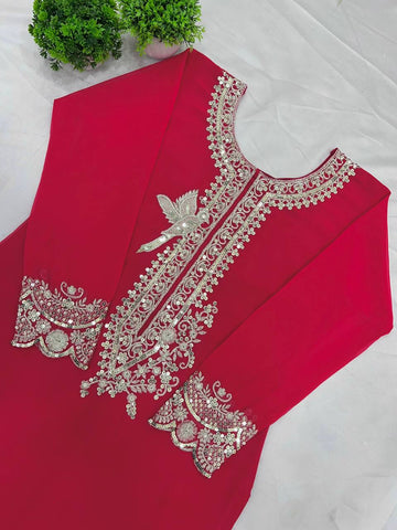 Innovative Pink Color Pure Heavy Faux Georgette With Embroidery And 5mm Sequence Work Sharara Palazzo Suit