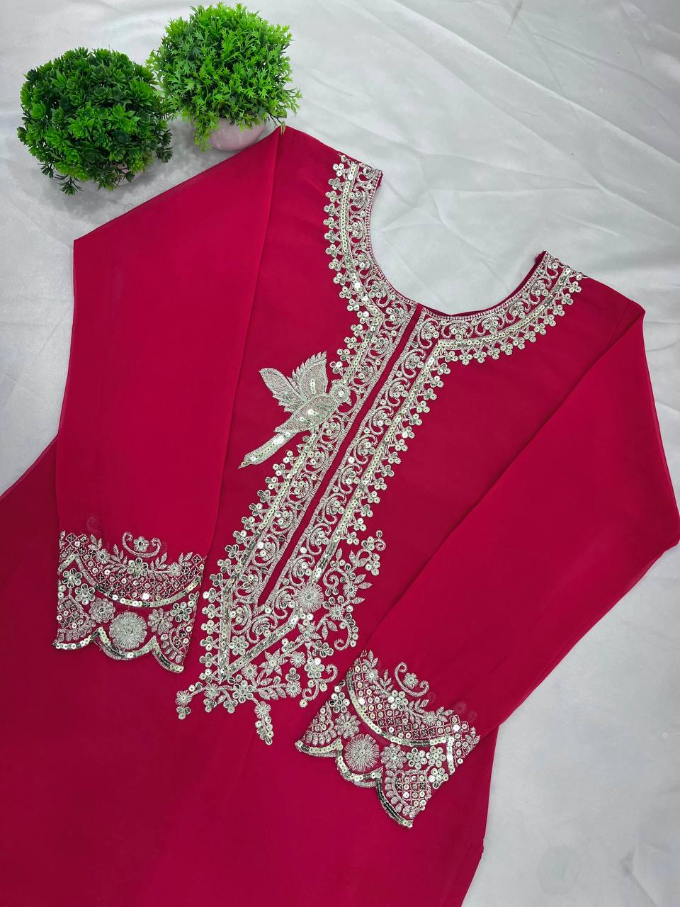 Innovative Pink Color Pure Heavy Faux Georgette With Embroidery And 5mm Sequence Work Sharara Palazzo Suit