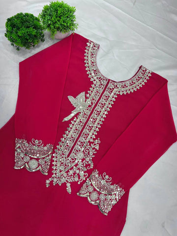 Innovative Pink Color Pure Heavy Faux Georgette With Embroidery And 5mm Sequence Work Sharara Palazzo Suit