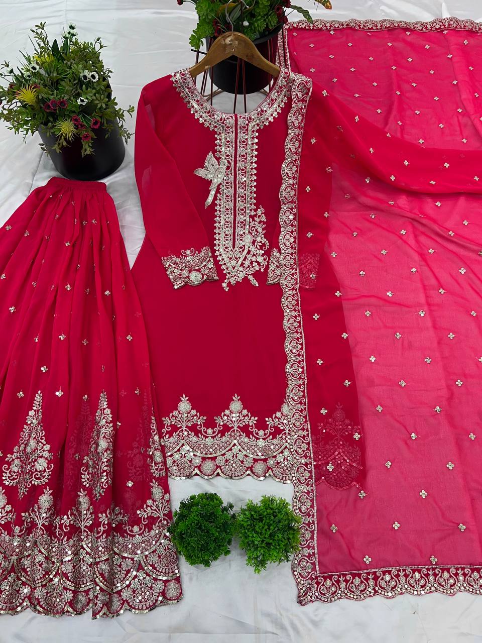 Innovative Pink Color Pure Heavy Faux Georgette With Embroidery And 5mm Sequence Work Sharara Palazzo Suit