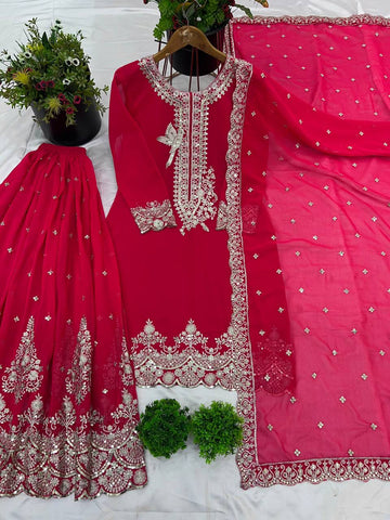 Innovative Pink Color Pure Heavy Faux Georgette With Embroidery And 5mm Sequence Work Sharara Palazzo Suit