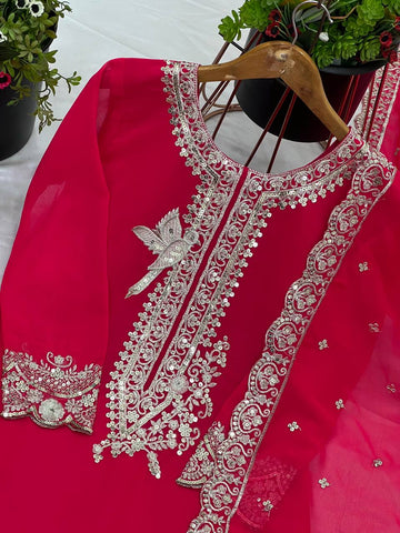 Innovative Pink Color Pure Heavy Faux Georgette With Embroidery And 5mm Sequence Work Sharara Palazzo Suit