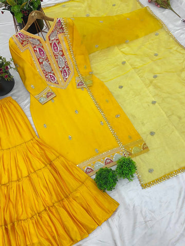 Haldi Wear Yellow Color Heavy Chinon Silk With Heavy Coding Embroidery Sequence Work Sharara Suit