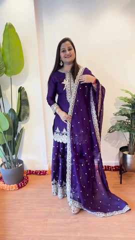 Innovative Purple Color Pure Heavy Faux Georgette With Embroidery And 5mm Sequence Work Sharara Palazzo Suit