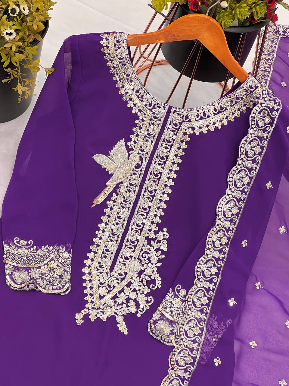 Innovative Purple Color Pure Heavy Faux Georgette With Embroidery And 5mm Sequence Work Sharara Palazzo Suit