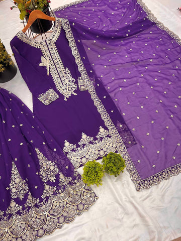 Innovative Purple Color Pure Heavy Faux Georgette With Embroidery And 5mm Sequence Work Sharara Palazzo Suit