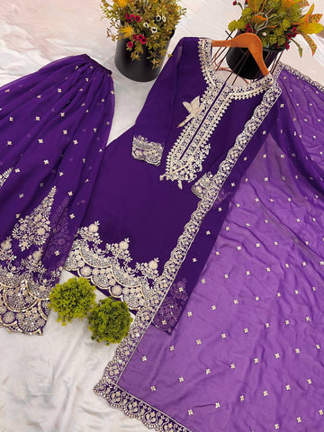 Innovative Purple Color Pure Heavy Faux Georgette With Embroidery And 5mm Sequence Work Sharara Palazzo Suit