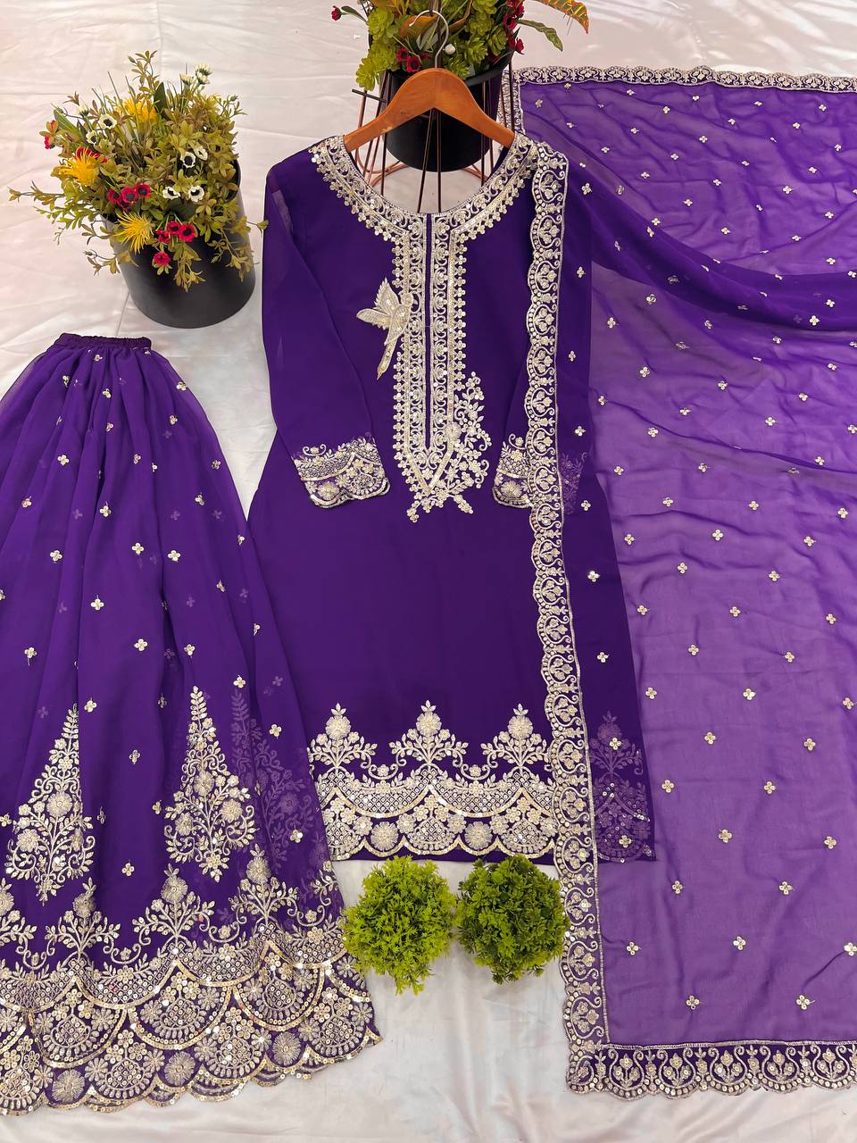 Innovative Purple Color Pure Heavy Faux Georgette With Embroidery And 5mm Sequence Work Sharara Palazzo Suit