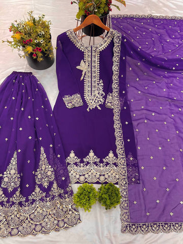 Innovative Purple Color Pure Heavy Faux Georgette With Embroidery And 5mm Sequence Work Sharara Palazzo Suit