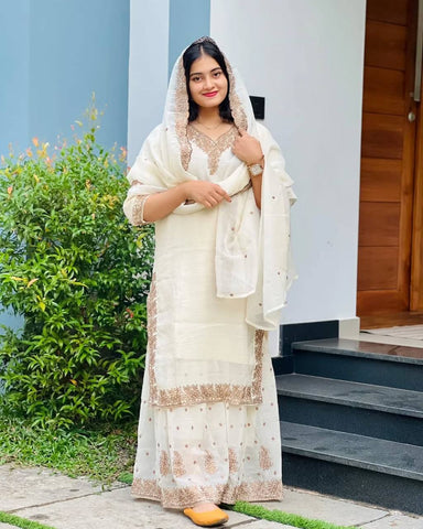 Reception Wear White Color Heavy Crunchy Silk With Heavy Embroidery Sequence Work Sharara Suit