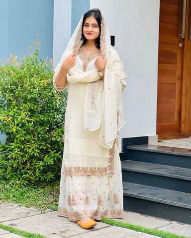 Reception Wear White Color Heavy Crunchy Silk With Heavy Embroidery Sequence Work Sharara Suit
