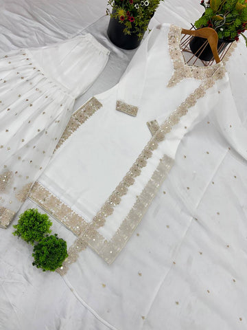 Reception Wear White Color Heavy Crunchy Silk With Heavy Embroidery Sequence Work Sharara Suit