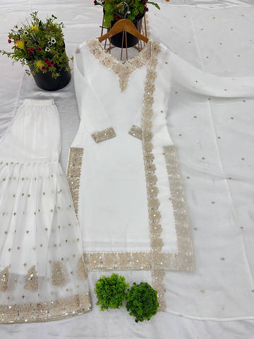 Reception Wear White Color Heavy Crunchy Silk With Heavy Embroidery Sequence Work Sharara Suit