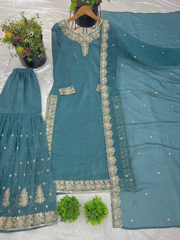 Reception Wear Aqua Green Color Heavy Crunchy Silk With Heavy Embroidery Sequence Work Sharara Suit