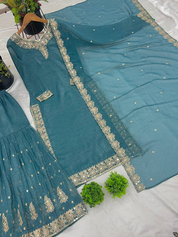 Reception Wear Aqua Green Color Heavy Crunchy Silk With Heavy Embroidery Sequence Work Sharara Suit
