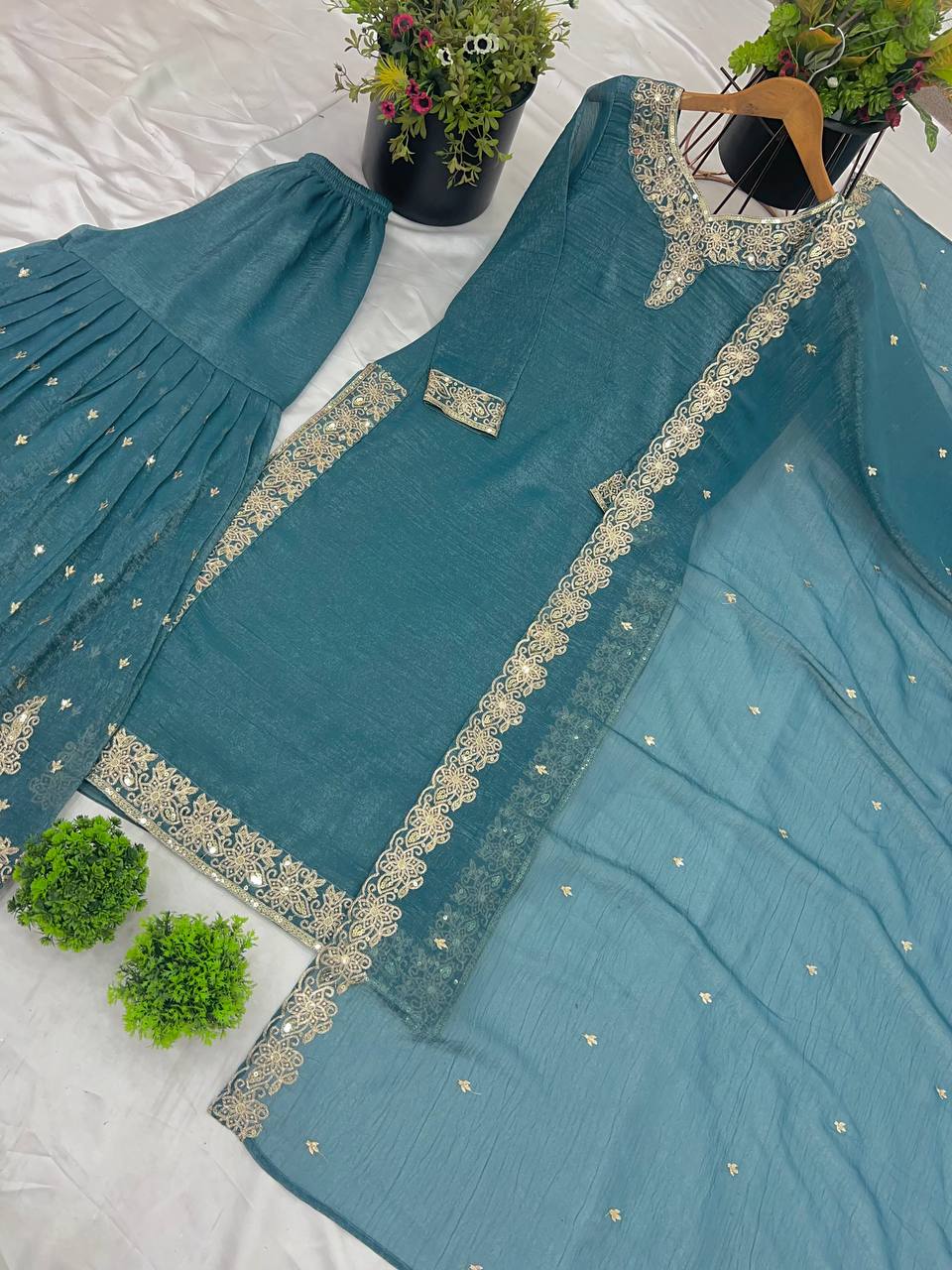 Reception Wear Aqua Green Color Heavy Crunchy Silk With Heavy Embroidery Sequence Work Sharara Suit
