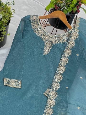 Reception Wear Aqua Green Color Heavy Crunchy Silk With Heavy Embroidery Sequence Work Sharara Suit